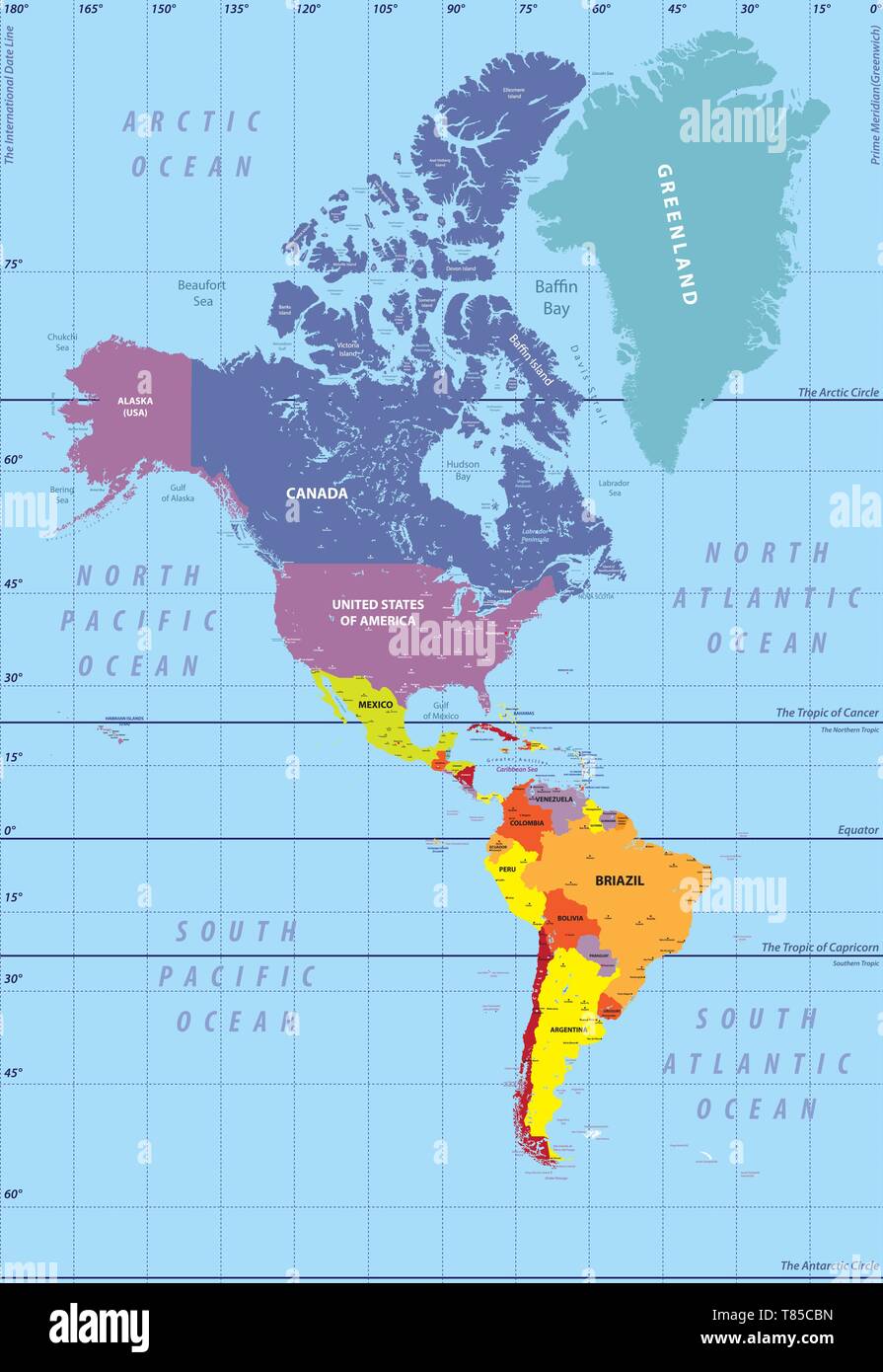 vector high detailed political map of America continent Stock Vector