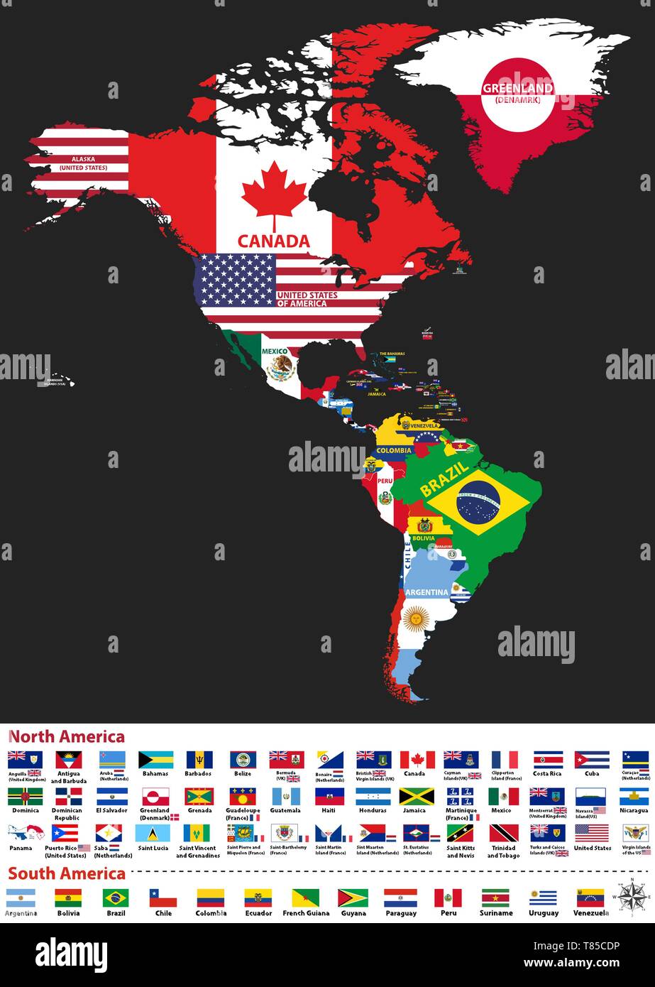 vector high detailed political map of America continent mixed with flags Stock Vector