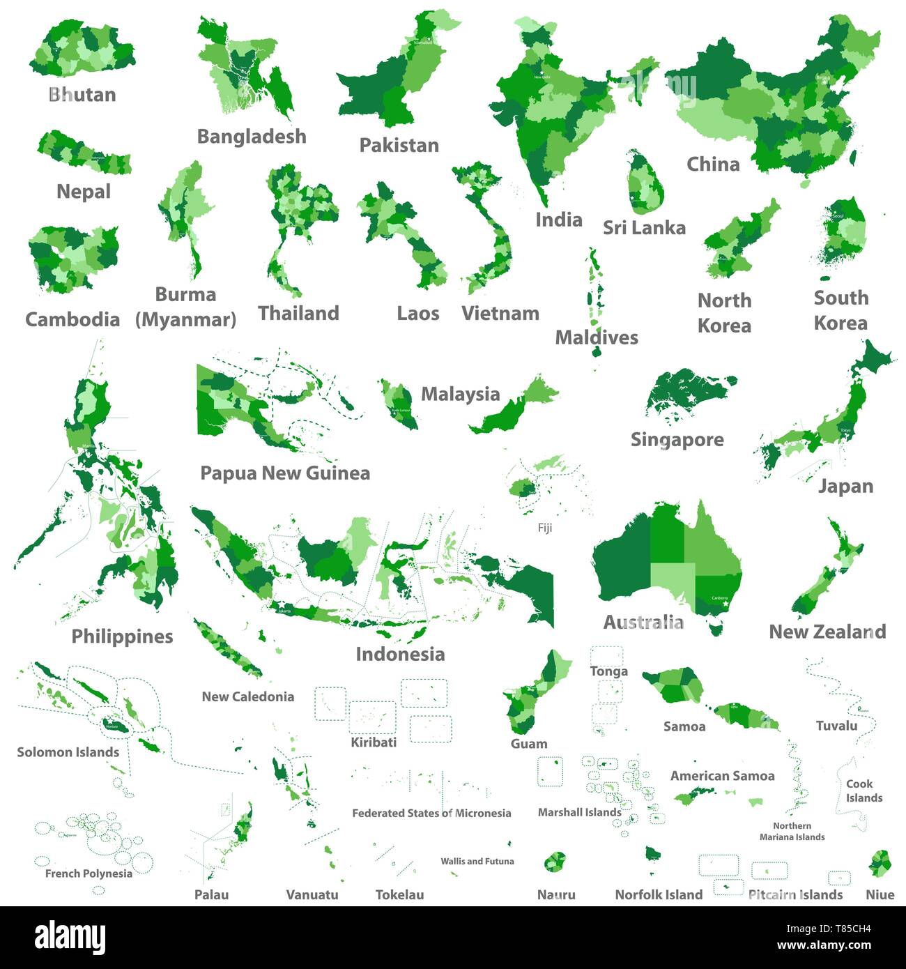 Asian, Australia and Oceania countries maps Stock Vector