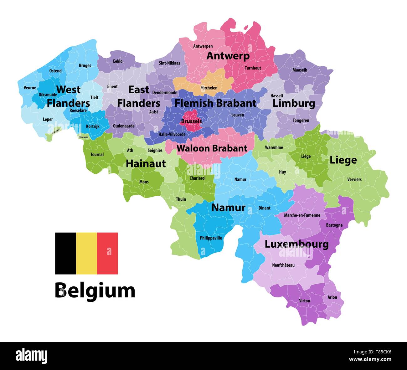 Belgium map showing  the provinces and administrative subdivisions (municipalities), colored by arrondissements Stock Vector