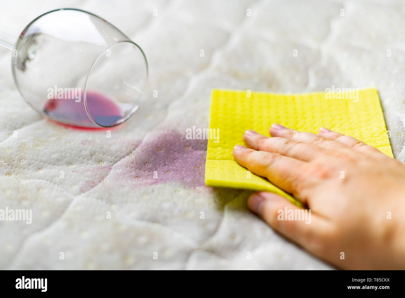 Sponge cleaning wine stain. Dropped wineglass. Spilled wine on white