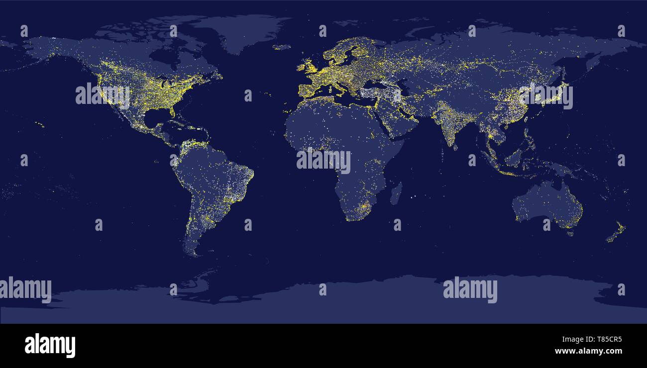 World city lights map. Night Earth view from space. Vector illustration Stock Vector