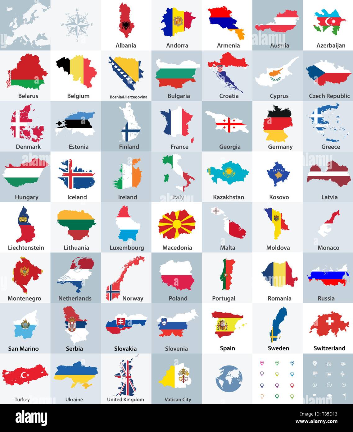 all vector Europe countries maps mixed with flags Stock Vector Image
