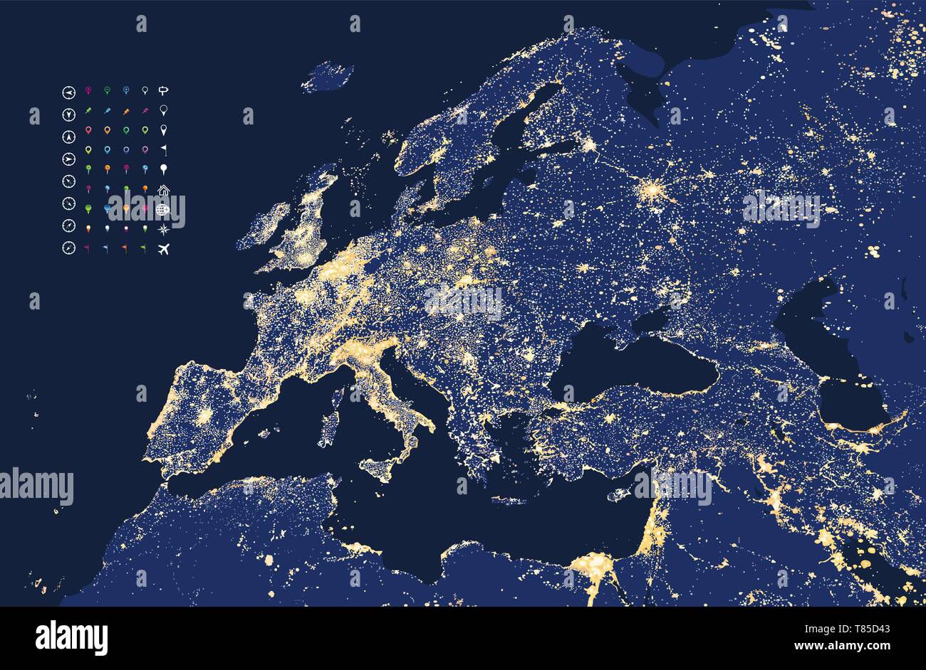 vector illustration of Europe city lights map Stock Vector