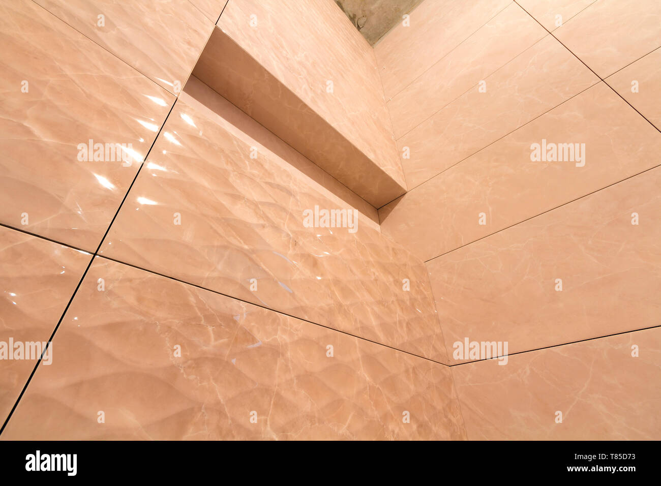 Angled View Of Bathroom Or Toilet With Light Beige Geometric