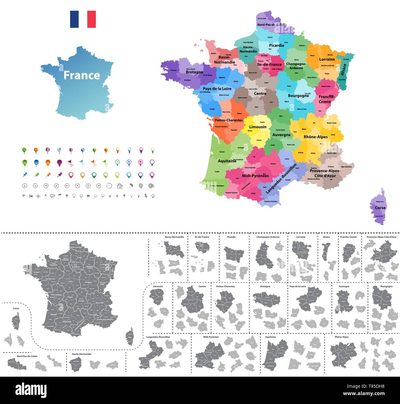 administrative regions and departments of France vector map Stock Vector