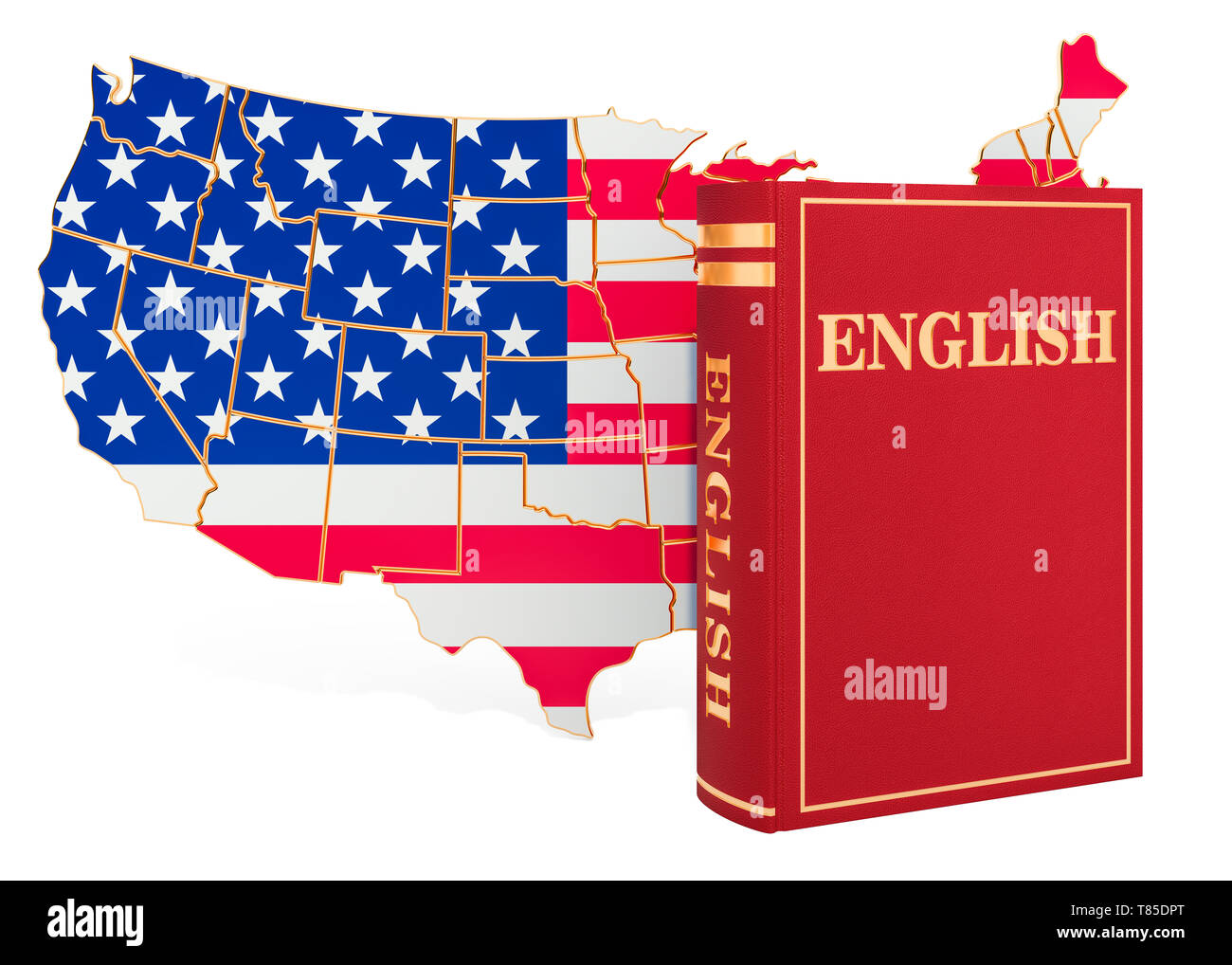 English language book with map of the United States, 3D rendering isolated on white background Stock Photo