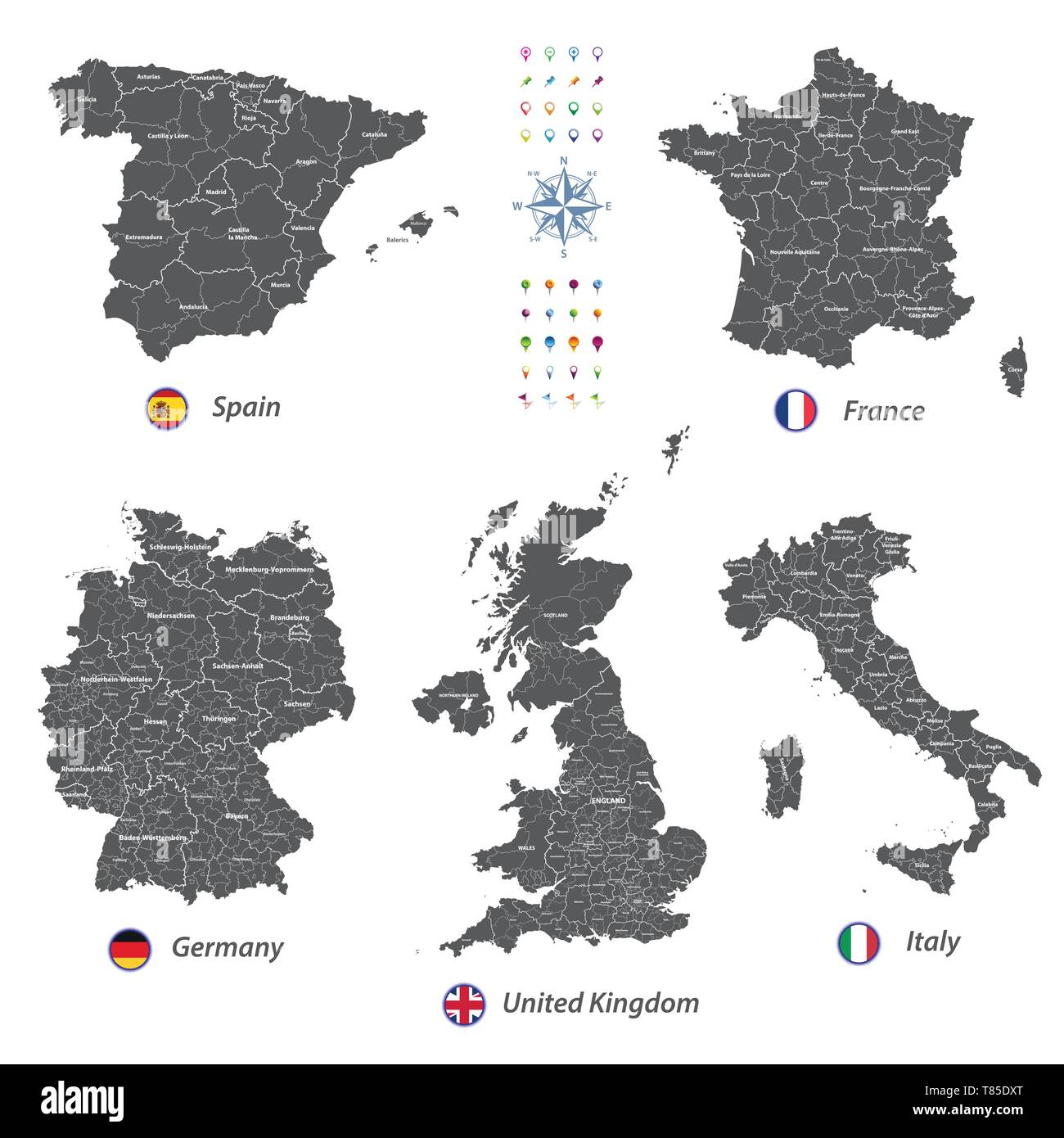 high detailed vector maps of United Kingdom, Italy, Germany, France and Spain Stock Vector