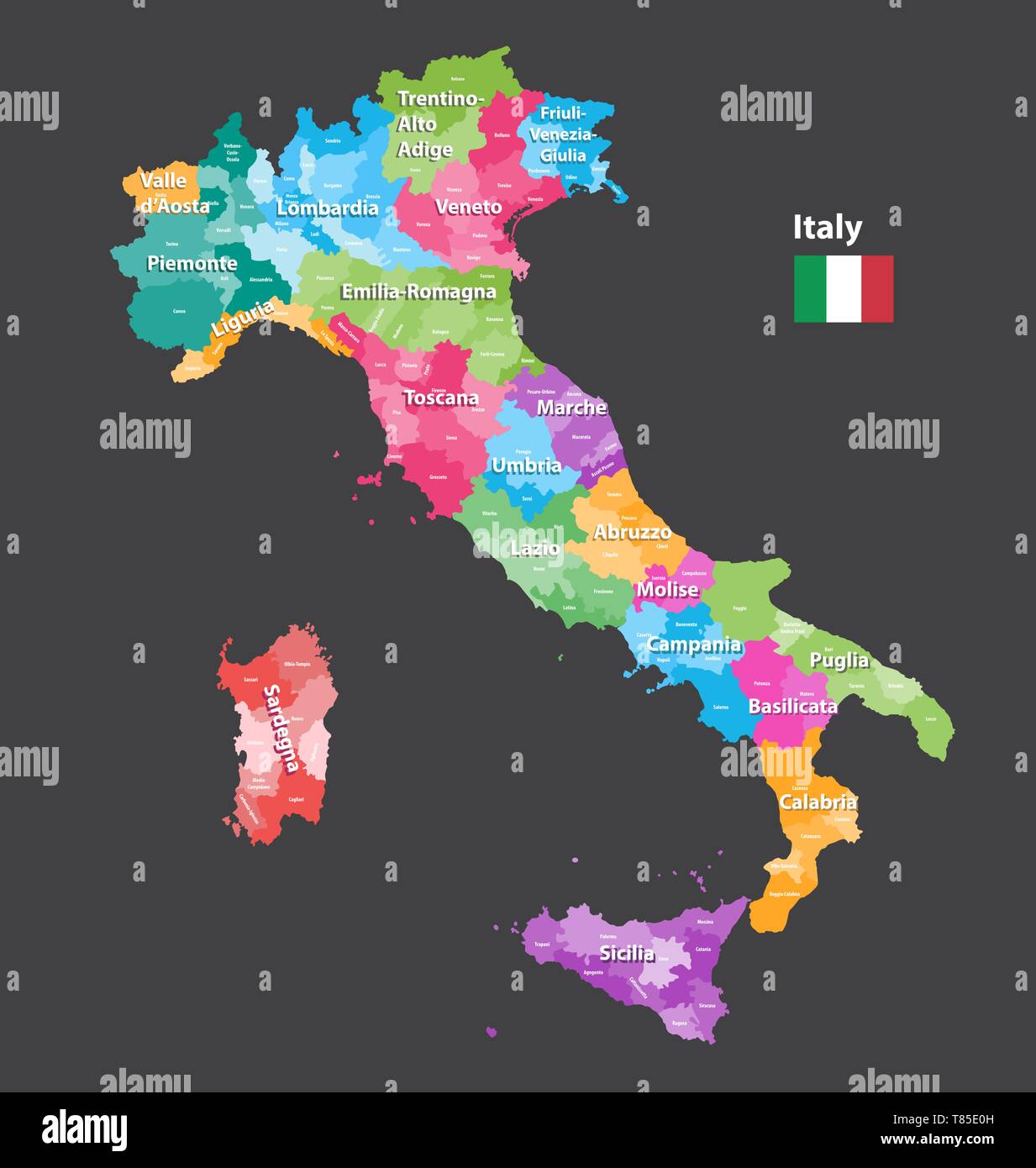 vector Italy high detailed map colored by regions Stock Vector