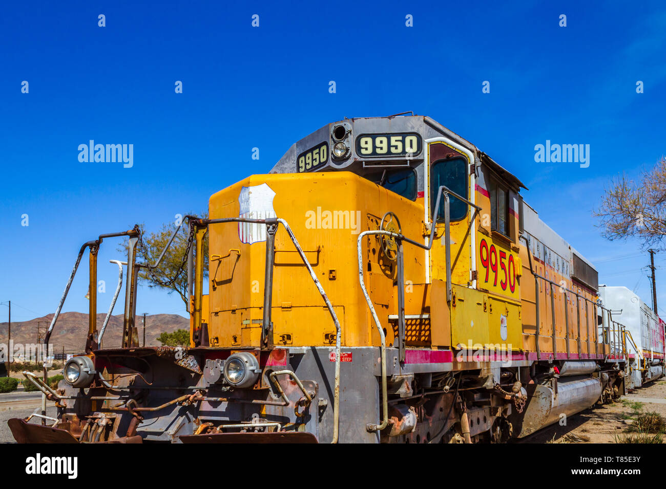 Barstow, CA / USA – April 14, 2019: Union Pacific railroad engine number 9950 at the Western America Railroad Museum located at the Barstow Harvey Hou Stock Photo