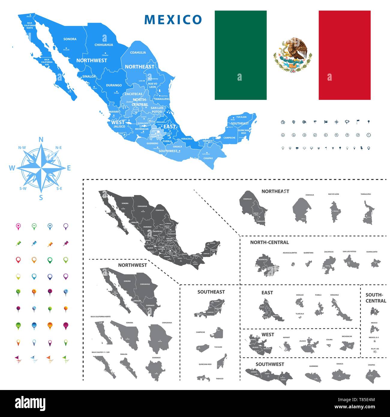 map of Mexico regions represents a general outline of a states ciudades Stock Vector