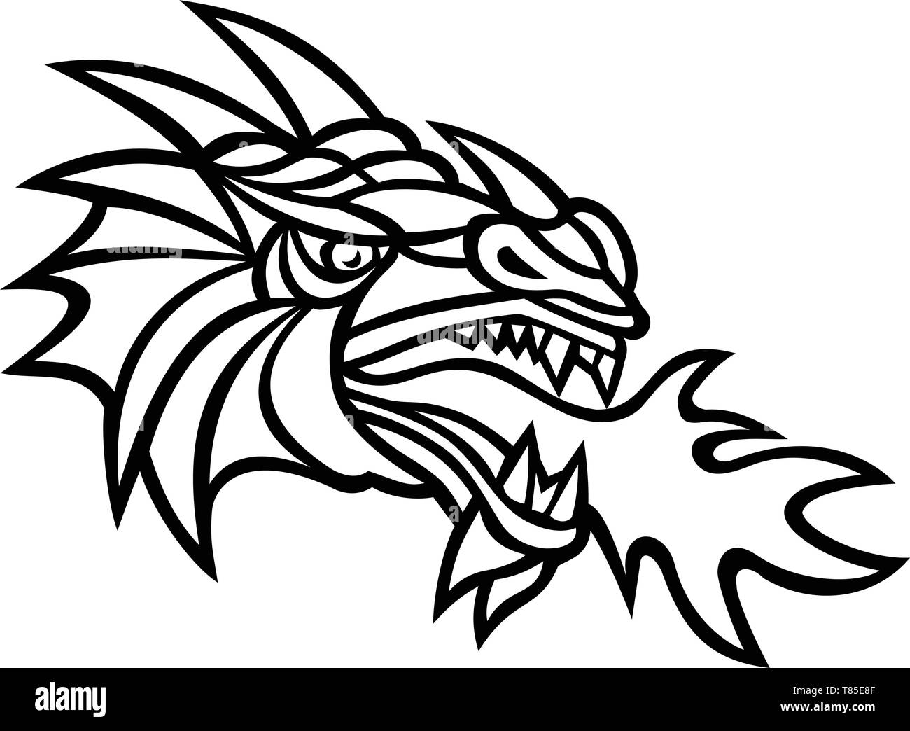 Mascot icon illustration of head of a mythical dragon breathing fire viewed from side on isolated background in retro style done in black and white. Stock Vector