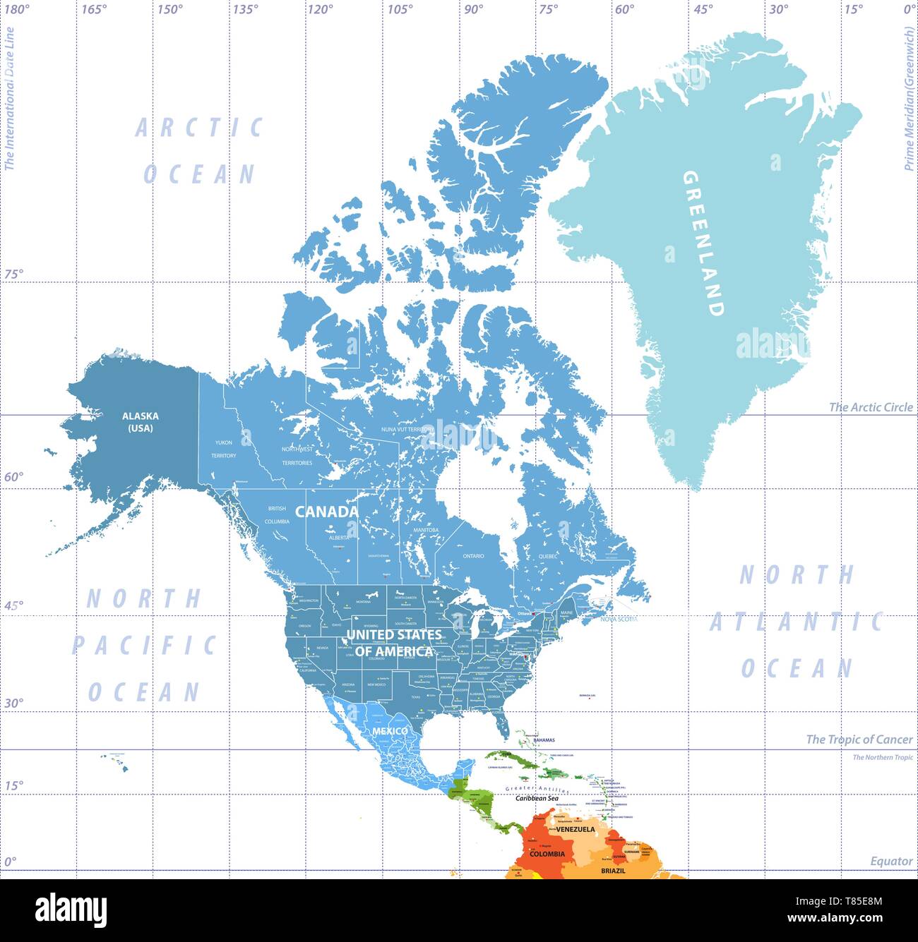 North America high detailed vector map with states borders of Canada, USA and Mexico Stock Vector