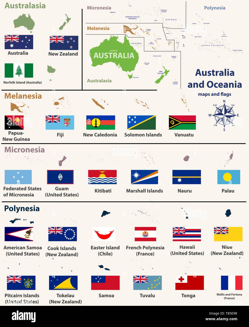 Australia and Oceania(include Australasia, Micronesia, Melanesia and Polynesia) map with isolated country maps and flags Stock Vector