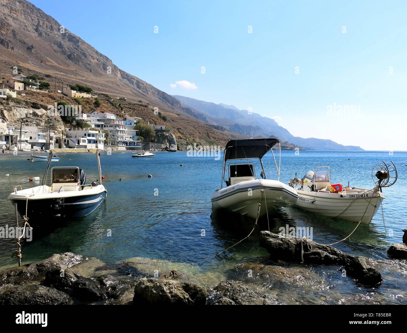 3 Ekklisies, small fishing village and vacation destination for locals, southern Crete, Greece. Stock Photo