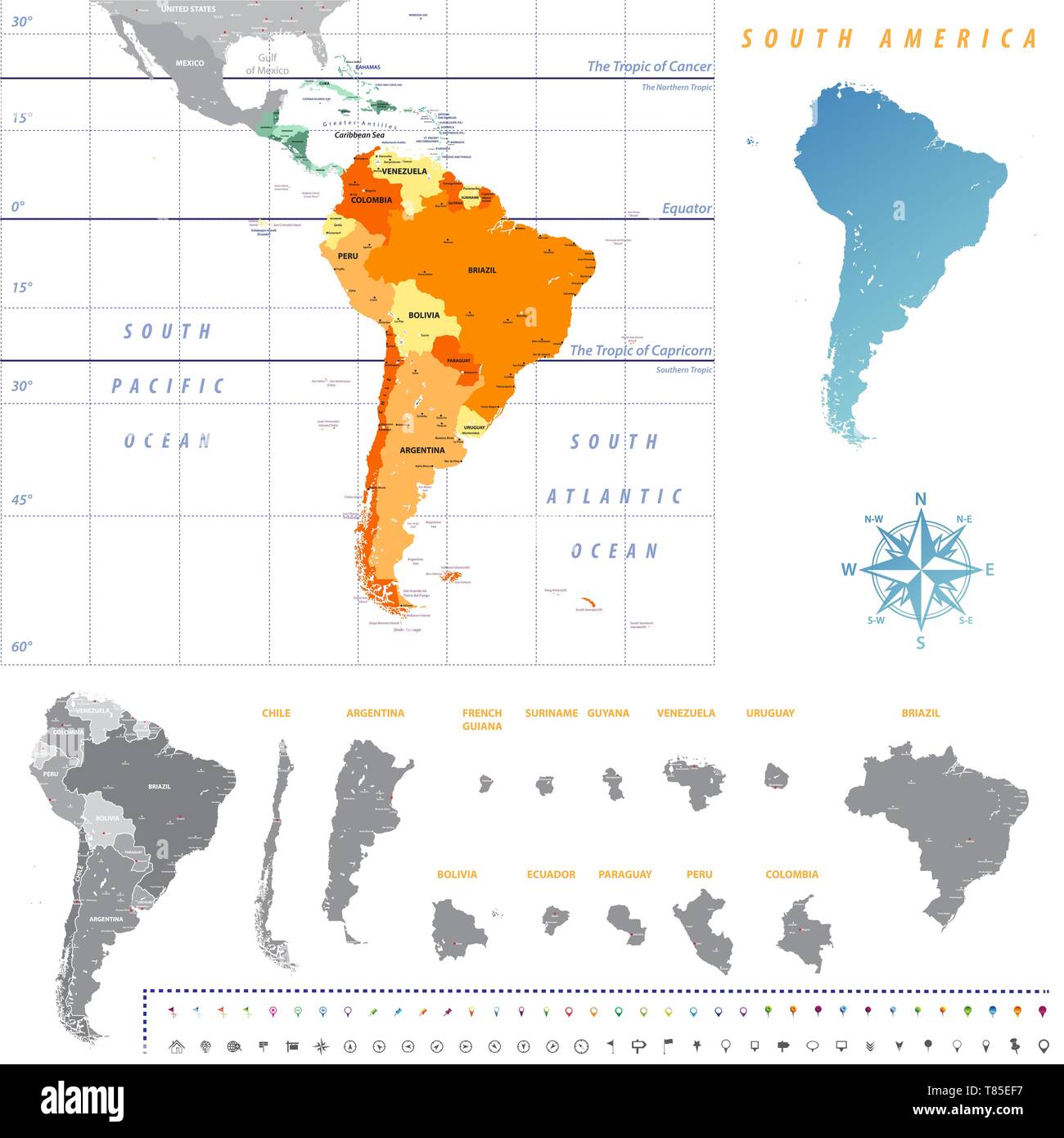 South America map with each country map separately isolated on white background Stock Vector