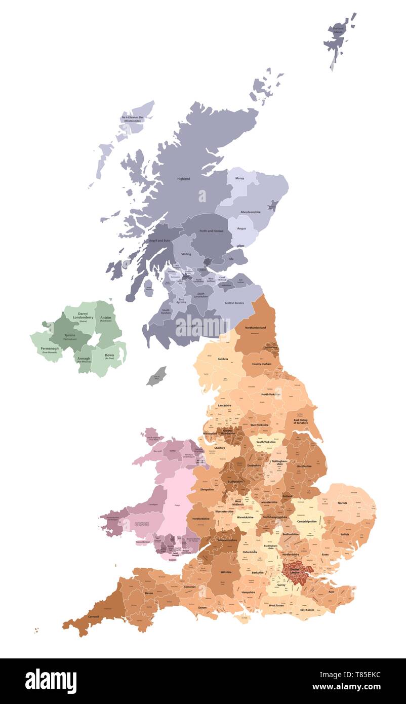 vector map of United Kingdom administrative divisions colored by countries and regions Stock Vector