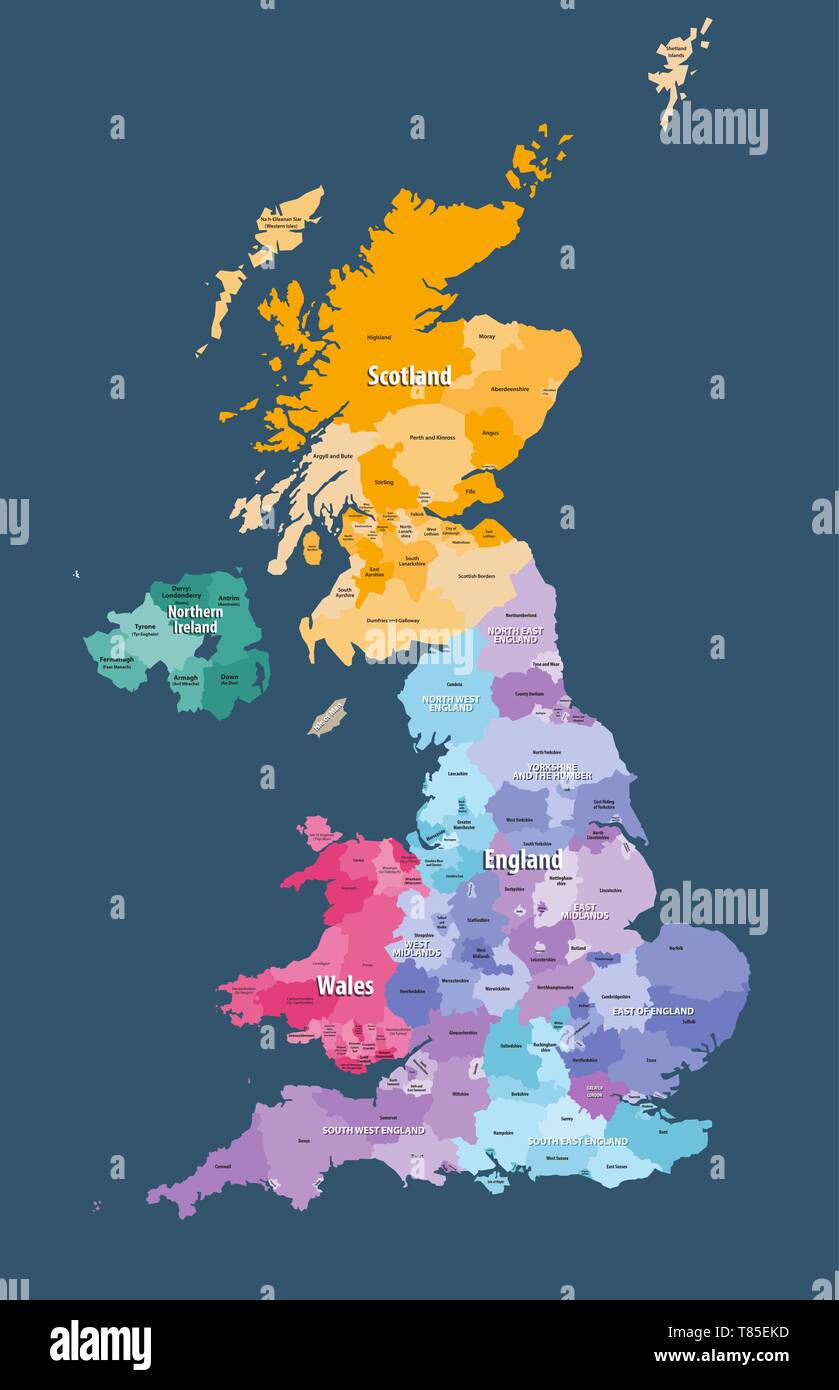 vector map of United Kingdom administrative divisions colored by countries and regions Stock Vector