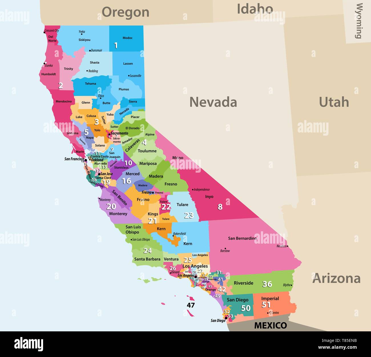 vector high detailed map of California's Congressional districts since 2013. Stock Vector