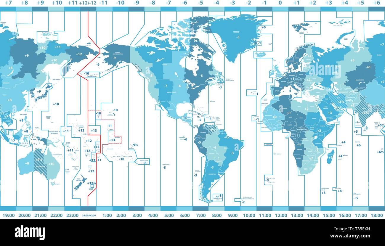 vector world map of local time zones centered by America Stock Vector