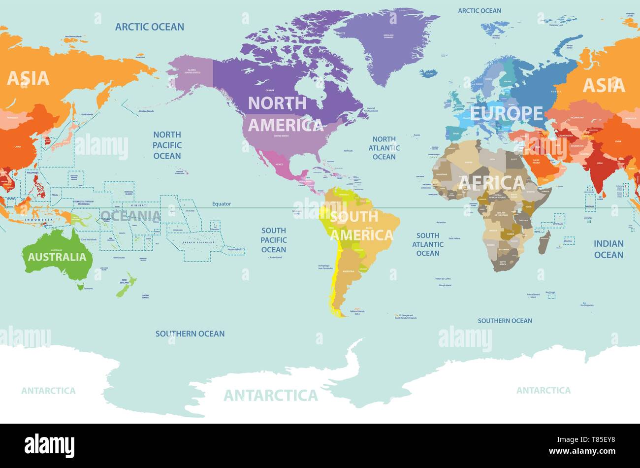 vector world map colored by continents and centered by America Stock Vector
