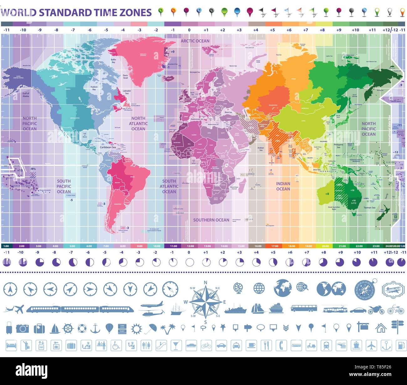 color worldwide vector map of local time zones Stock Vector