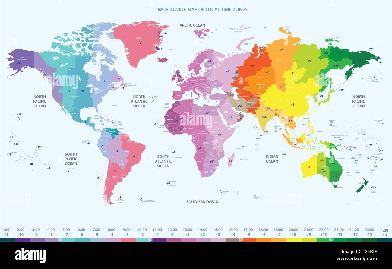 color worldwide vector map of local time zones Stock Vector