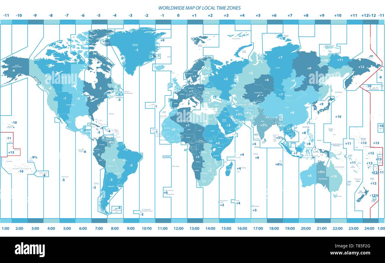 color worldwide vector map of local time zones Stock Vector