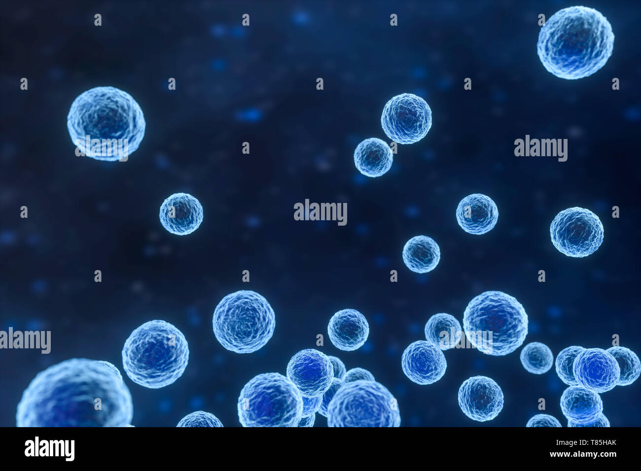 3d rendering, infectious virus with surface details on blue background. Computer digital image. Stock Photo