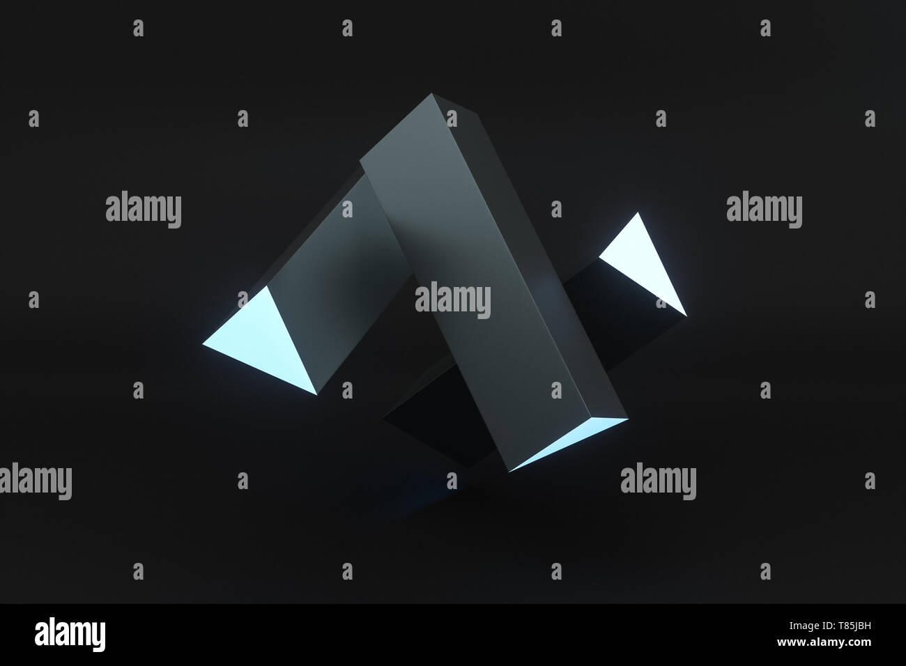 3d rendering, blue glowing triangle pillar with dark background ...