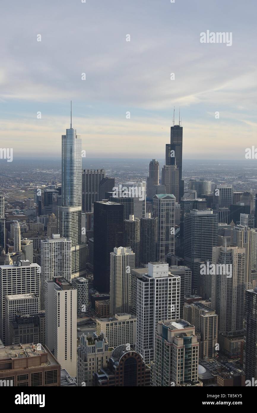 The Chicago skyline seen from 360 Chicago atop the John Hancock Center, Near North Loop, Magnificent Mile, Chicago, Illinois, USA Stock Photo