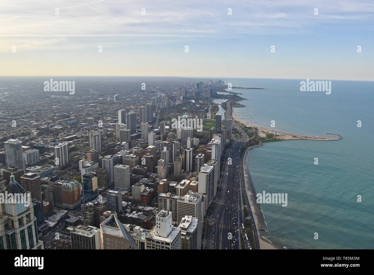 Chicago at sunset as seen from above at 360 Chicago atop the John Hancock Center, Near North Side, Magnificent Mile, Chicago, Illinois, USA Stock Photo