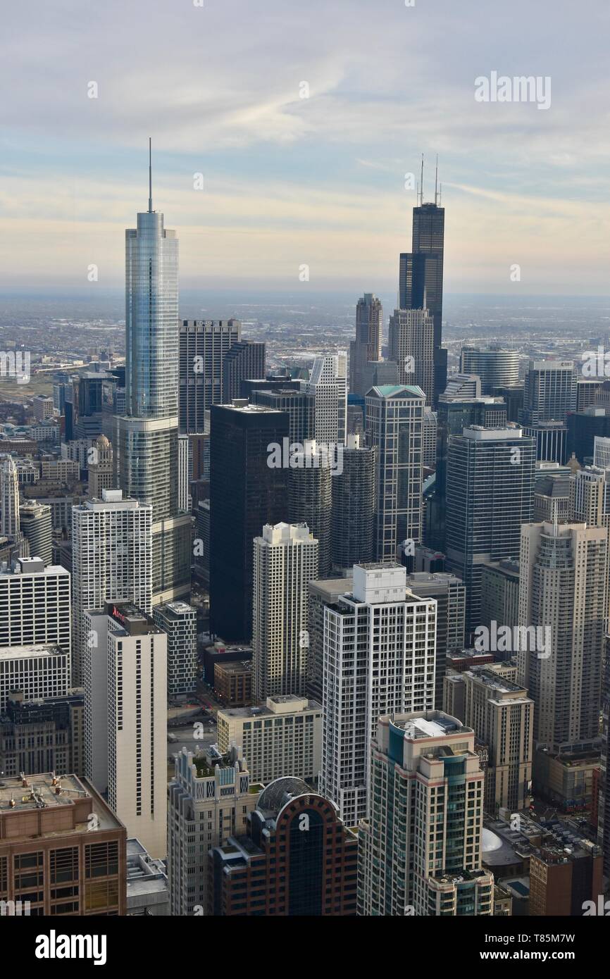 The Chicago skyline seen from 360 Chicago atop the John Hancock Center, Near North Loop, Magnificent Mile, Chicago, Illinois, USA Stock Photo