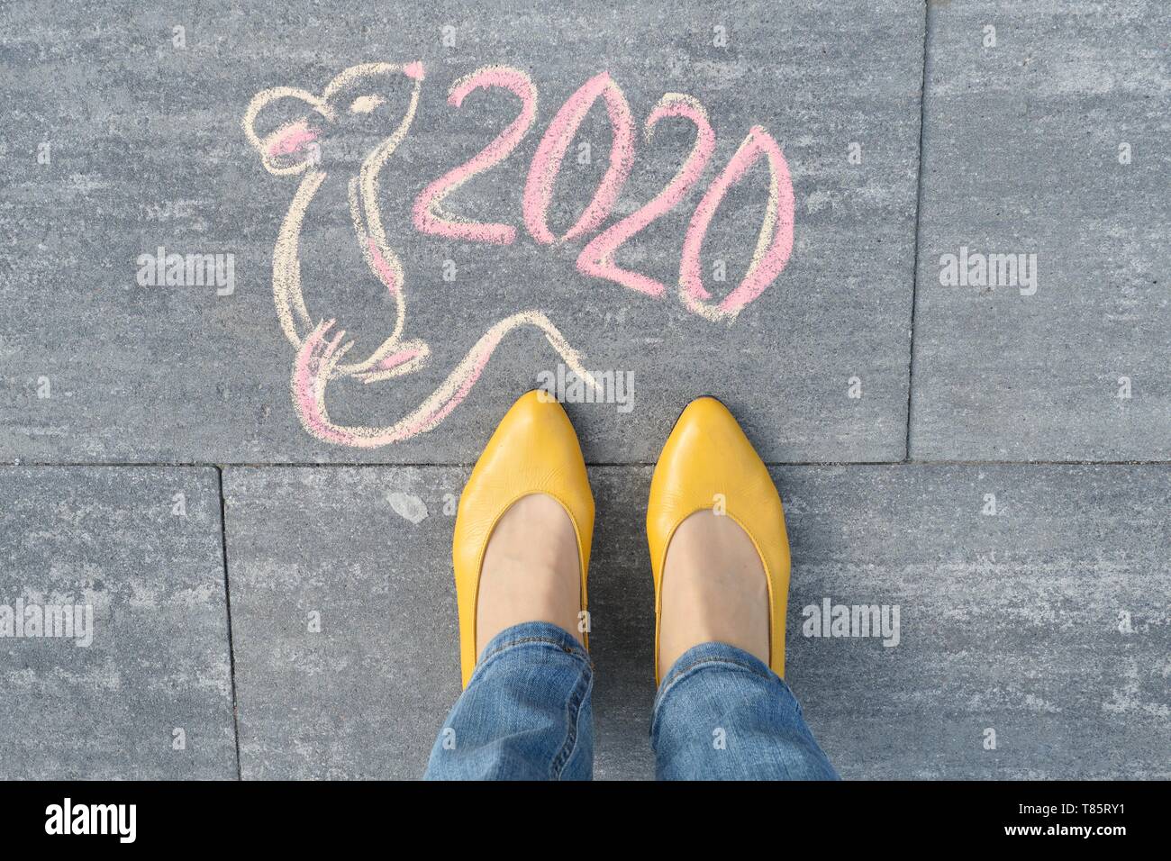 2020 new year of the rat. Top view on text and picture 2020 and pretty mouse, written on gray sidewalk with woman legs in feet in yellow shoes Stock Photo