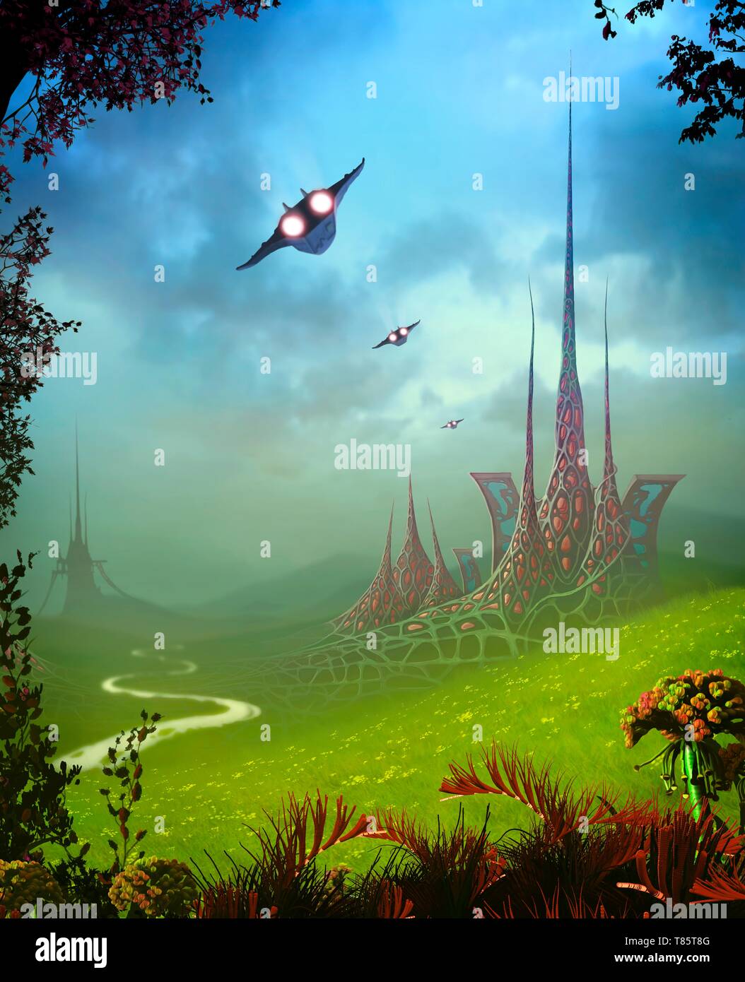 Alien city on a extrasolar planet, illustration Stock Photo