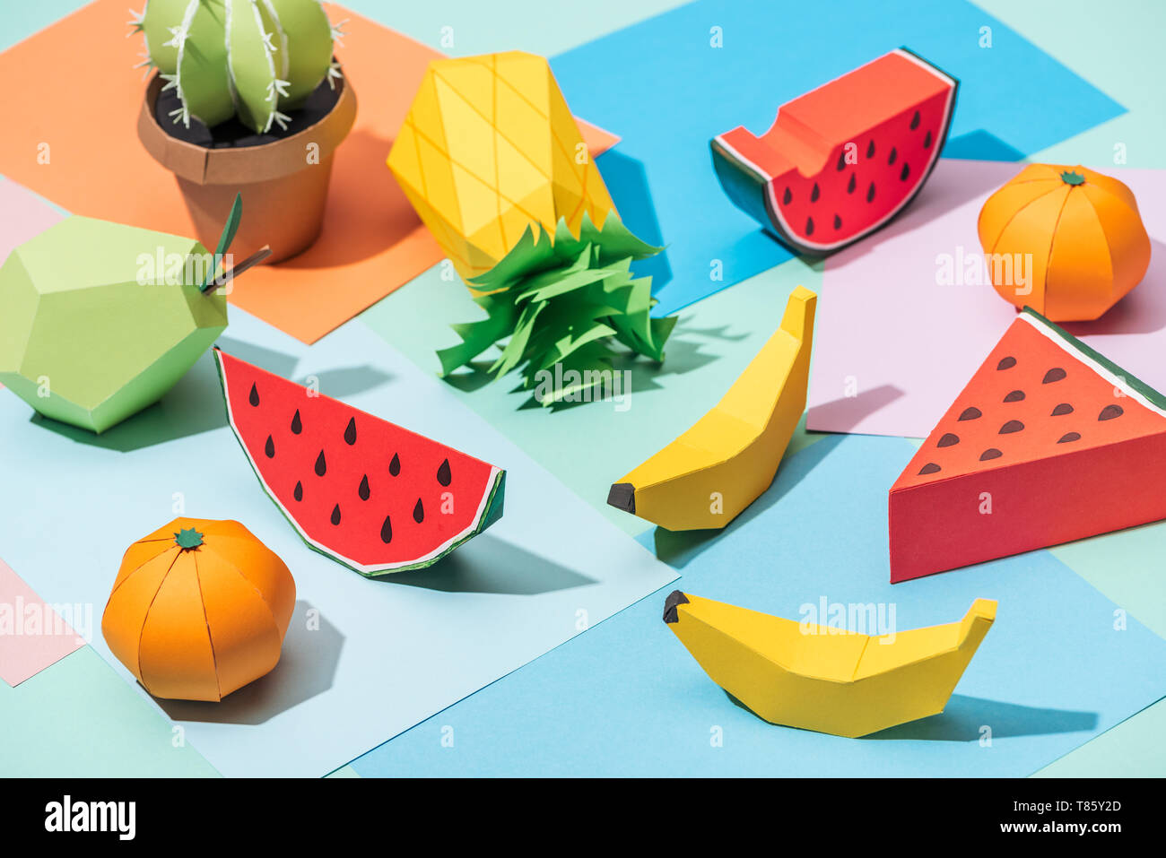 handmade cardboard fruits and cactus on multicolored paper Stock Photo Alamy