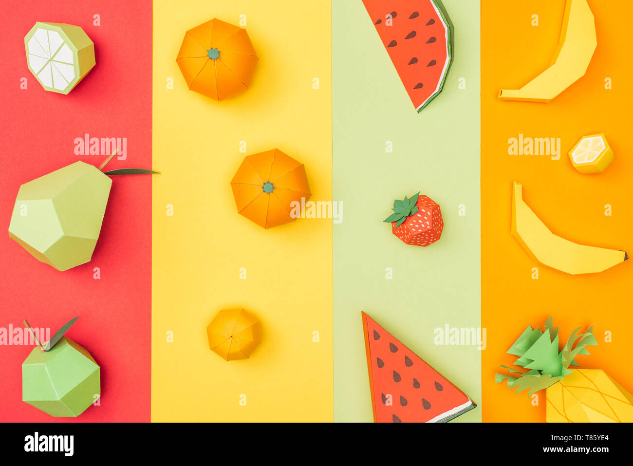 Top View Of Various Handmade Origami Fruits On Multicolored