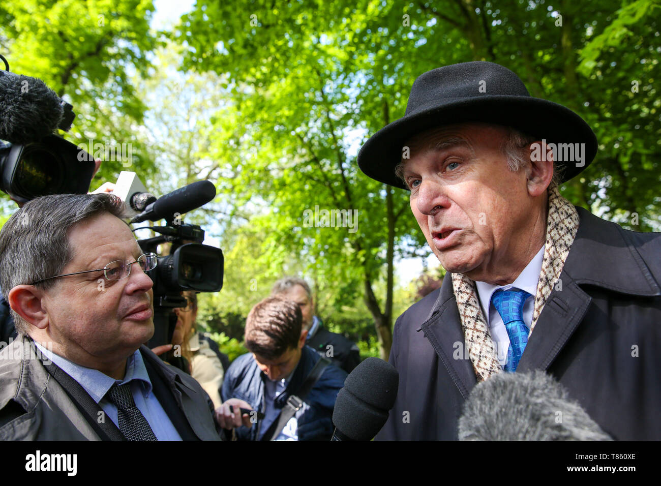 The leader of Liberal Democrats Vince Cable is seen speaking to the media  during the forthcoming European Union election campaign. Britain must hold European Parliament elections on 23rd May 2019 or leave the European Union with no deal on 1st June after Brexit was delayed until 31st October 2019, as Prime Minister, Theresa May failed to get her Brexit deal approved by Parliament. Stock Photo