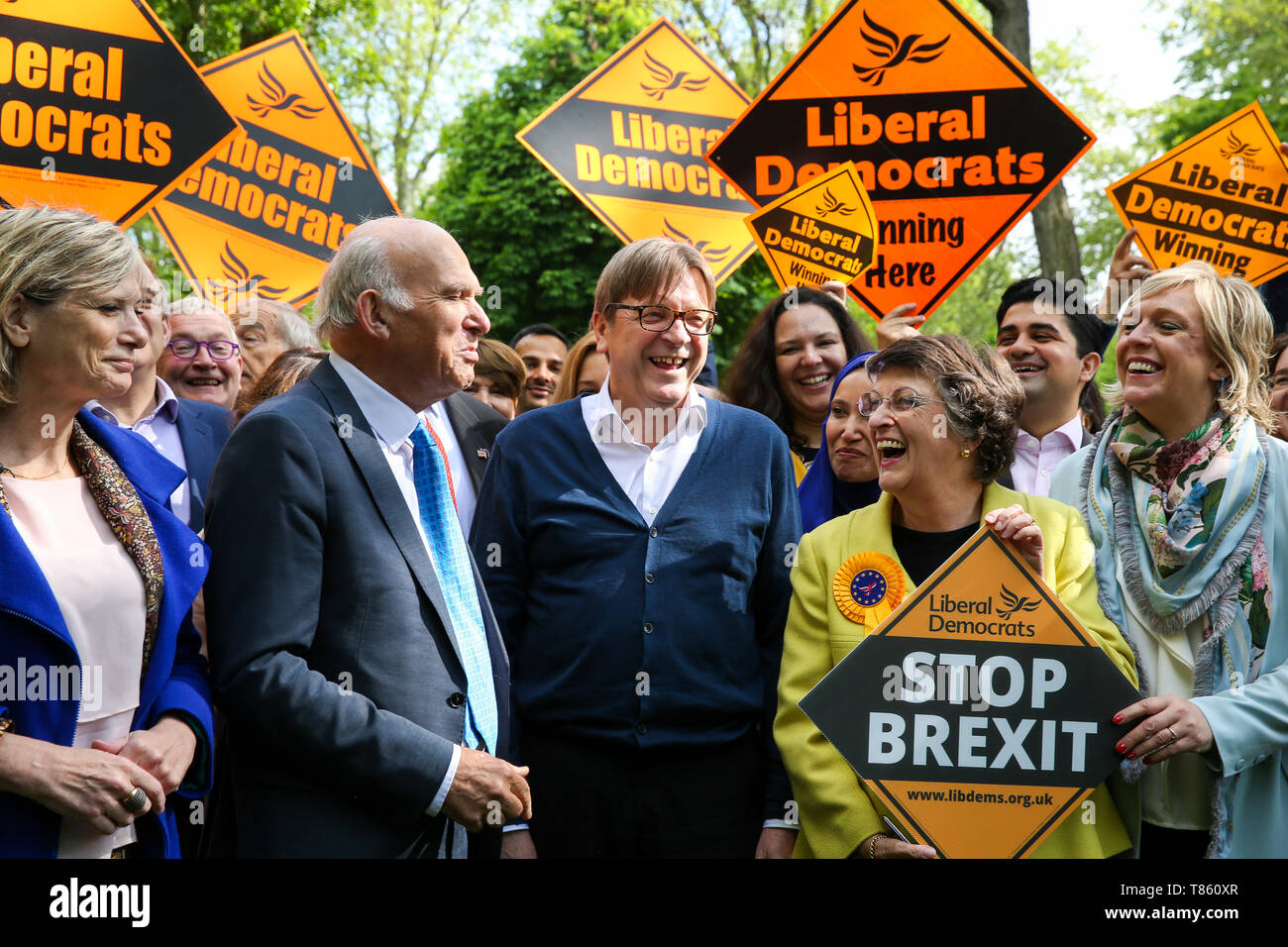 Guy Verhofstadt, the EU Parliament’s representative on Brexit and the Leader of the Alliance of Liberals and Democrats for Europe is seen with the leader of Liberal Democrats Vince Cable, Liberal Democrats MEP candidates and party activists during the forthcoming European Union election campaign. Britain must hold European Parliament elections on 23rd May 2019 or leave the European Union with no deal on 1st June after Brexit was delayed until 31st October 2019, as Prime Minister, Theresa May failed to get her Brexit deal approved by Parliament. Stock Photo