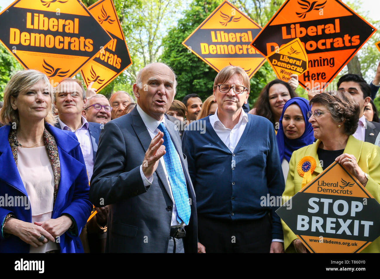 Guy Verhofstadt, the EU Parliament’s representative on Brexit and the Leader of the Alliance of Liberals and Democrats for Europe is seen with the leader of Liberal Democrats Vince Cable, Liberal Democrats MEP candidates and party activists during the forthcoming European Union election campaign. Britain must hold European Parliament elections on 23rd May 2019 or leave the European Union with no deal on 1st June after Brexit was delayed until 31st October 2019, as Prime Minister, Theresa May failed to get her Brexit deal approved by Parliament. Stock Photo
