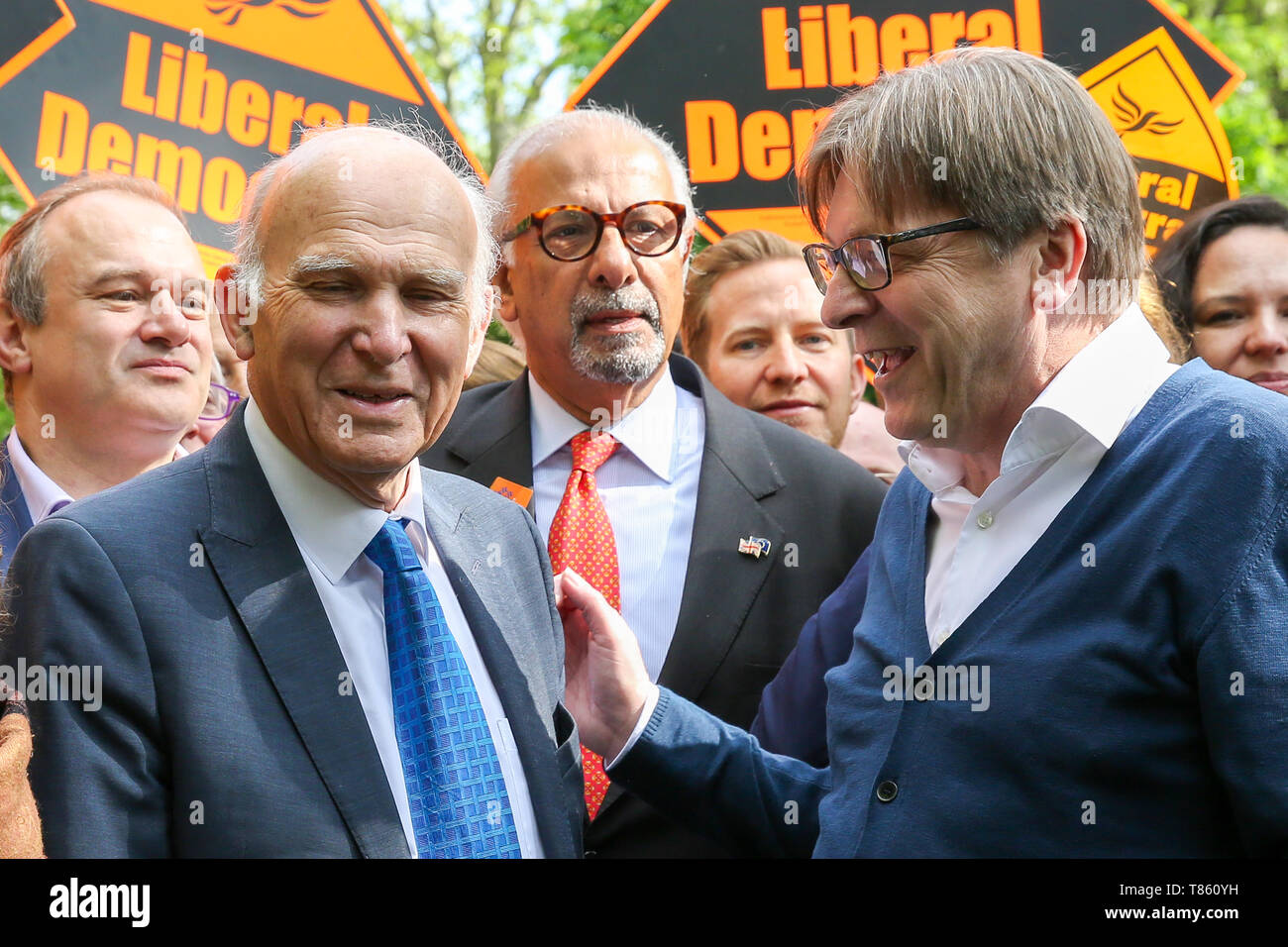 Guy Verhofstadt, the EU Parliament’s representative on Brexit and the Leader of the Alliance of Liberals and Democrats for Europe is seen with the leader of Liberal Democrats Vince Cable, Liberal Democrats MEP candidates and party activists during the forthcoming European Union election campaign. Britain must hold European Parliament elections on 23rd May 2019 or leave the European Union with no deal on 1st June after Brexit was delayed until 31st October 2019, as Prime Minister, Theresa May failed to get her Brexit deal approved by Parliament. Stock Photo