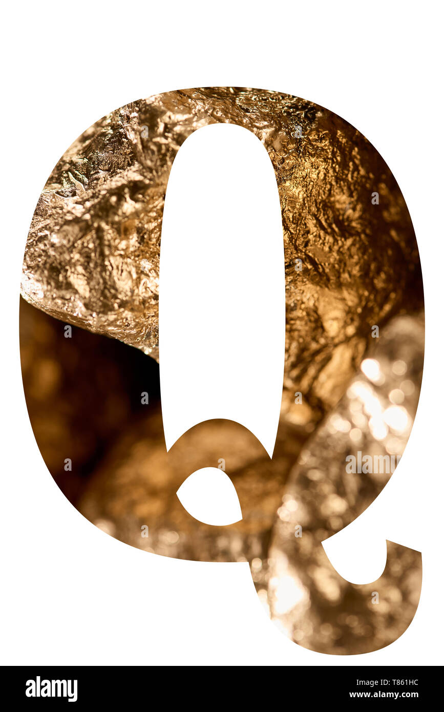 letter Q made of shiny golden stones isolated on white Stock Photo