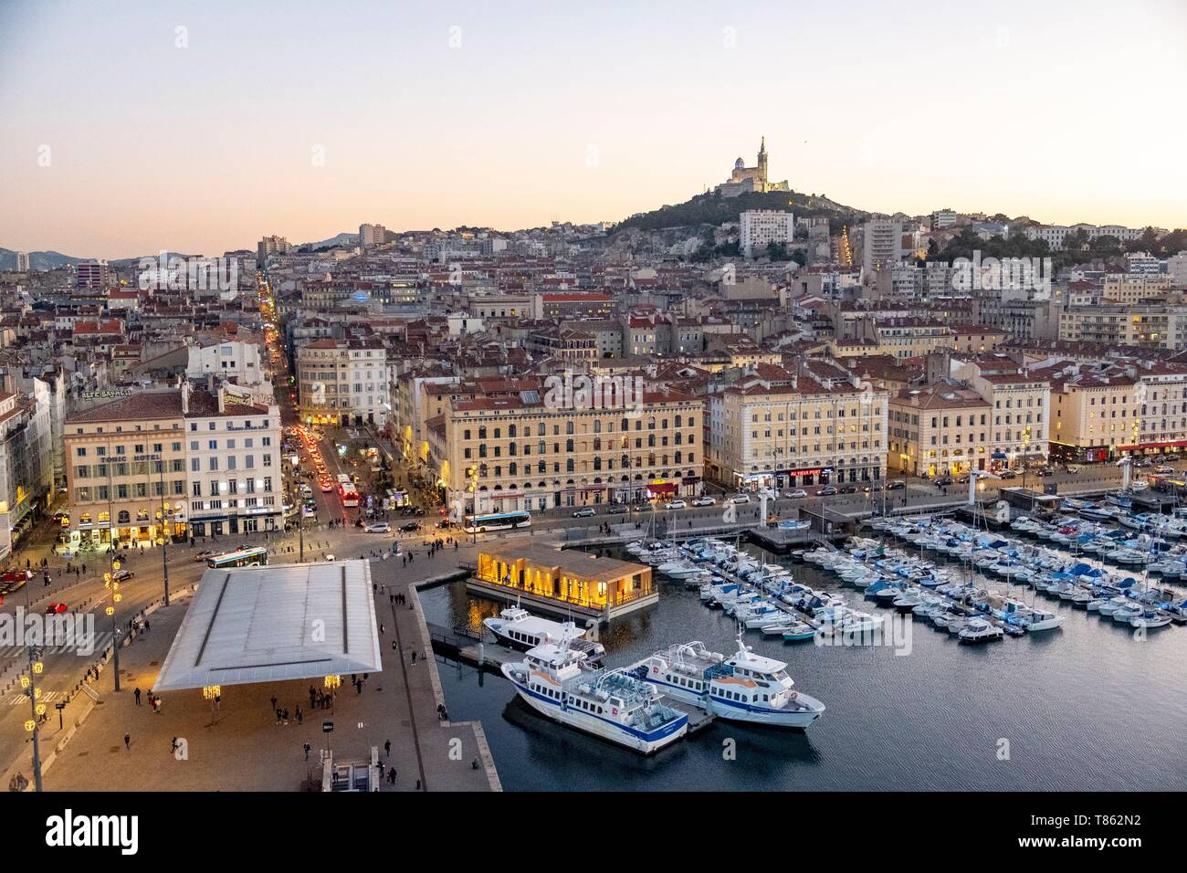 France, Bouches du Rhone, Marseille, the Old Port, the Ombre, Notre Dame basilica (aerial view) Stock Photo