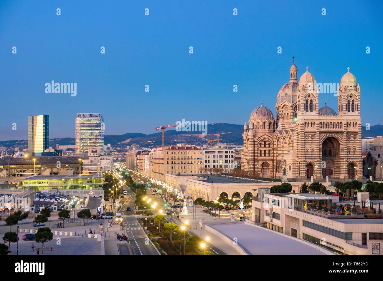 France, Bouches du Rhone, Marseille, Euromediterranee Zone, the basilica de la Major, the CMA CGM Tower by architect Zaha Hadid and the La Marseillaise tower by Jean Nouvel Stock Photo