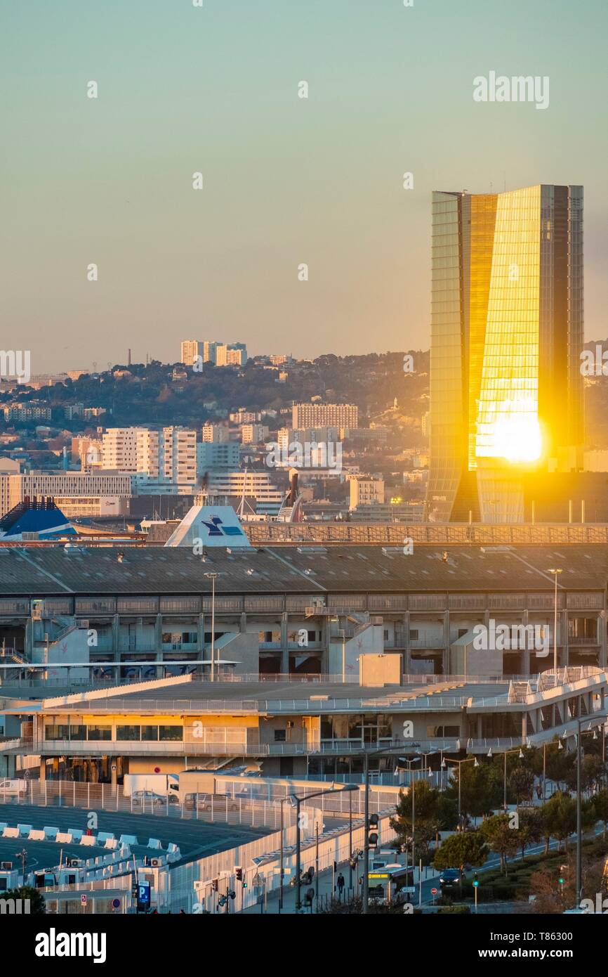 France, Bouches du Rhone, Marseille, Euromediterranee Zone, the CMA CGM Tower of architect Zaha Hadid Stock Photo