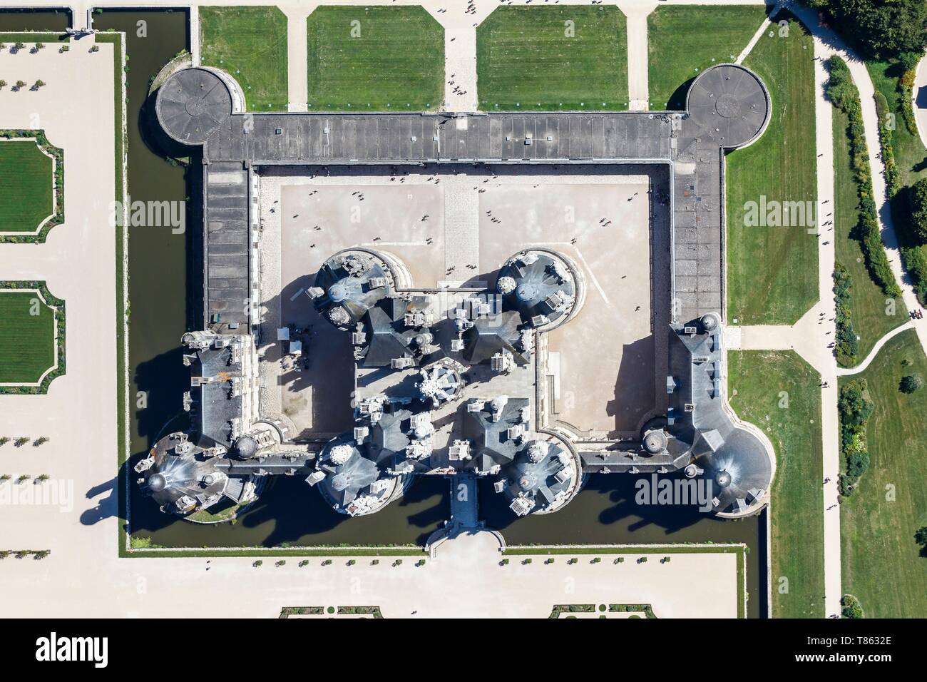 France, Loir et Cher, Loire valley listed as World Heritage by UNESCO, Chambord, the castle and the garden (aerial view) Stock Photo
