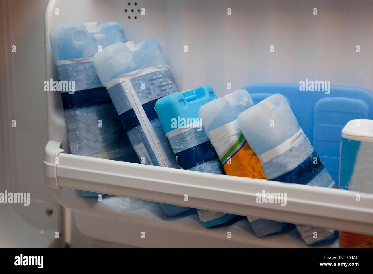 A row of blue cold packs frozen in the freezer shelf Stock Photo