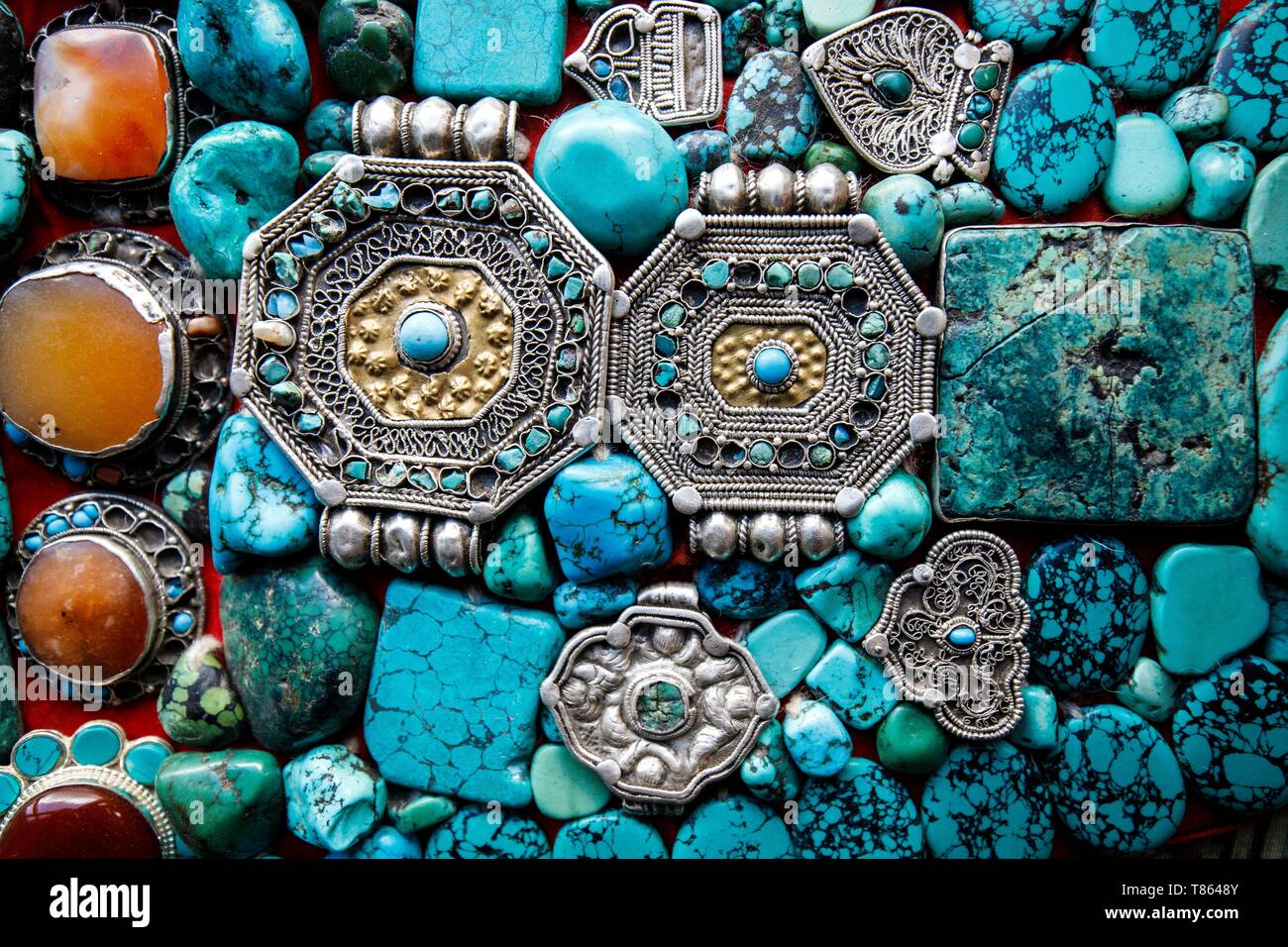 Himalayan Silver, Glass Turquoise and Coral Paste Beads