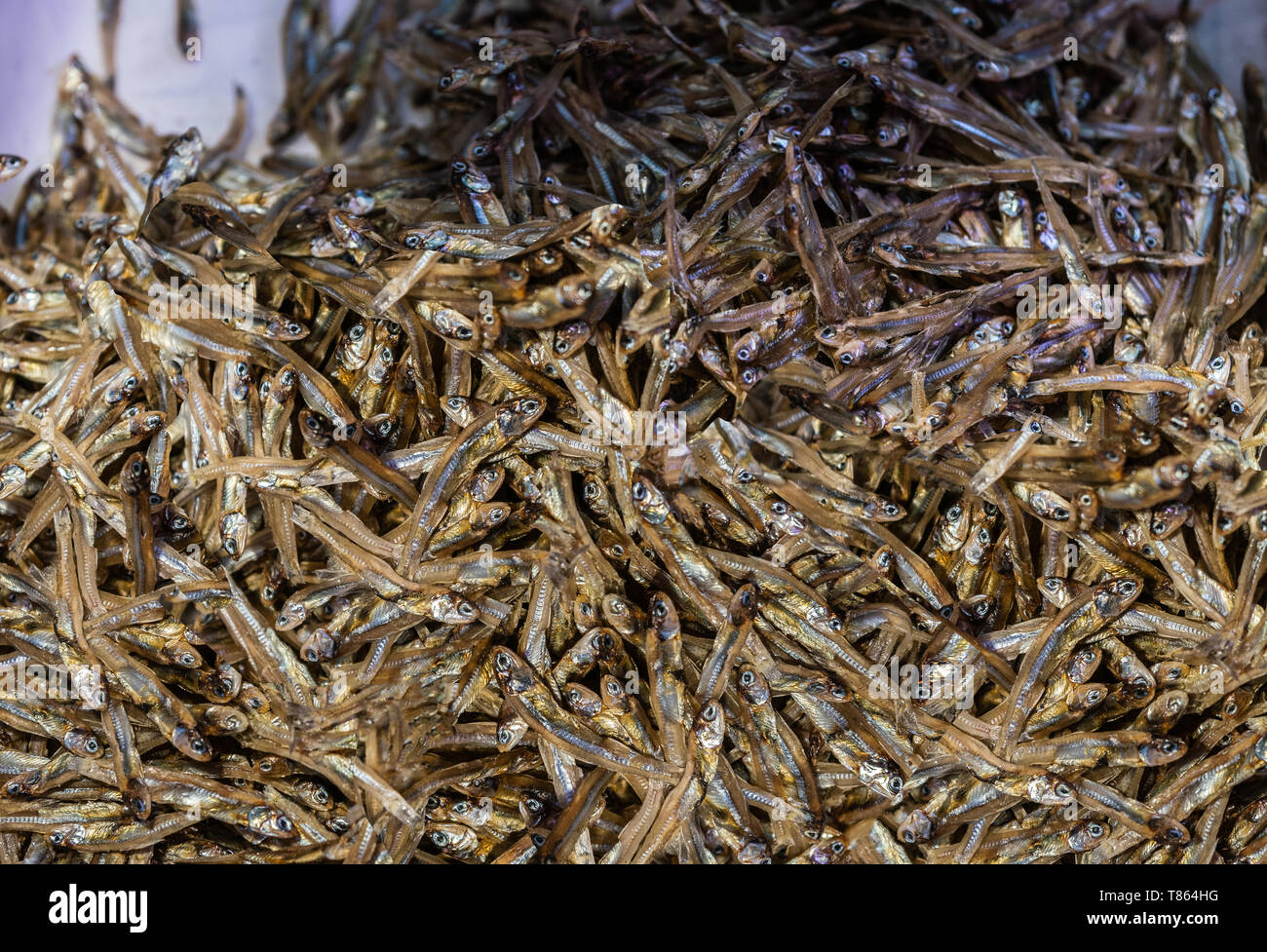 Hong Kong, China - March 8, 2019: Tai Po Market in New Territory. Large heap of brown and golden dried and smoked ansjovis. Stock Photo