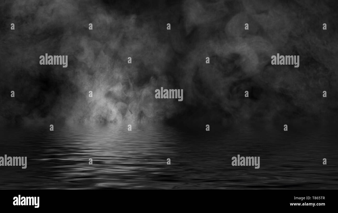 Smoke with reflection in water. Mistery fog texture background Stock Photo